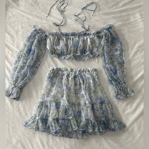 Chic Blue Floral Off-Shoulder Set